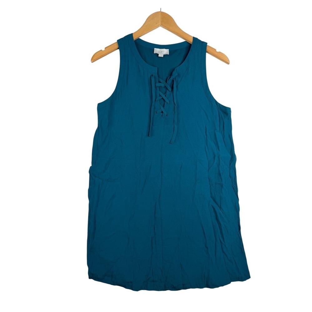 LOFT Outlet Teal Lace Up Neck Sleeveless Boho Shift Trapeze Swing Dress Medium